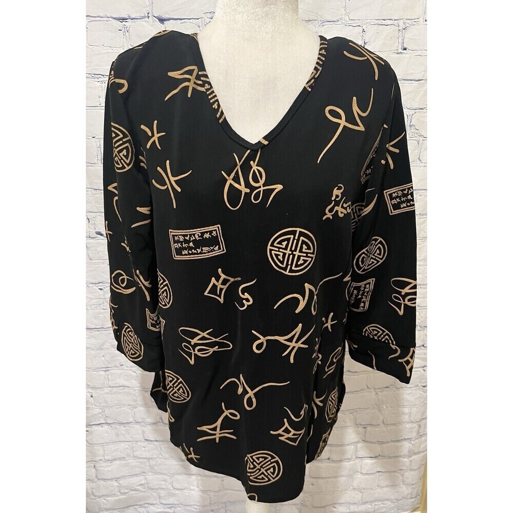 QVC Susan Graver Black Gold Lustra Knit Asian Print 3/4 Sleeve V-neck Tunic Sz L